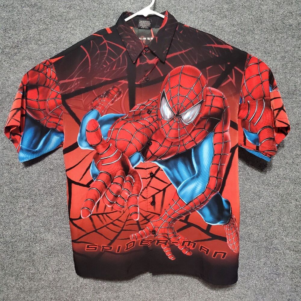 Vintage Spider-Man Shirt All Over Print 2002 Button Up Marvel Sz L Peter Parker